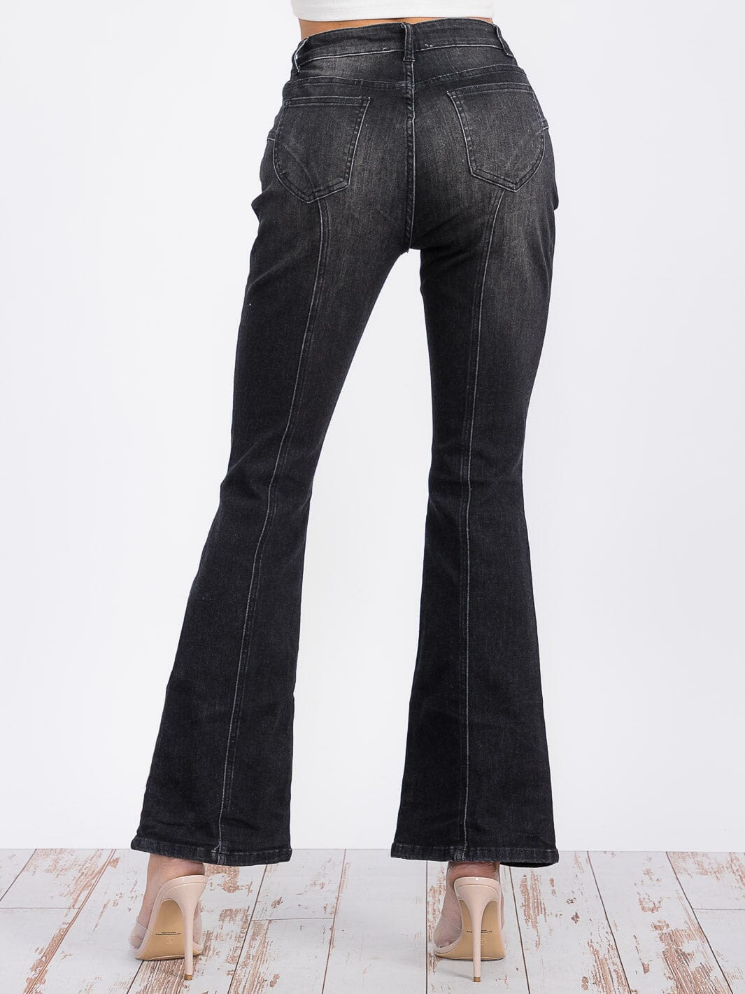 Button Closure Washed Denim Flare Jeans