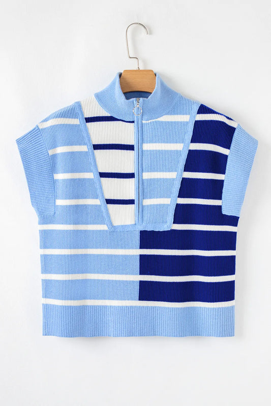 Stripe Colorblock Short Sleeve Quarter Zip Sweater