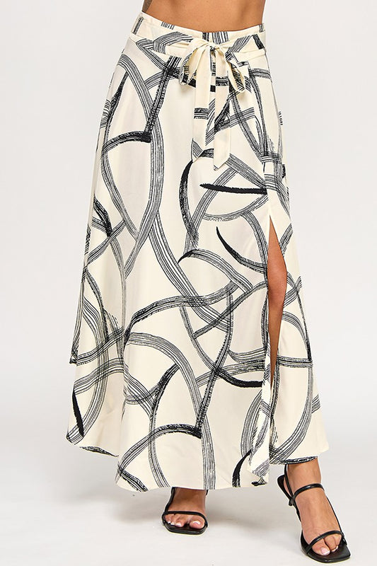 Multi Printed Tie Front Slit Midi Skirt