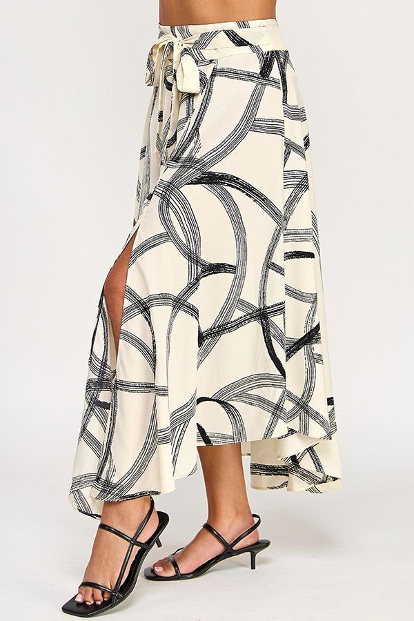 Multi Printed Tie Front Slit Midi Skirt
