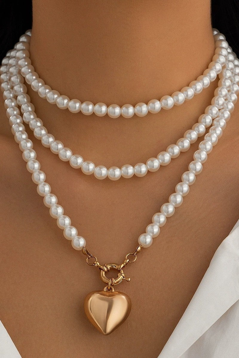 Multi Wrap Pearl Beaded Heart Charm Necklace