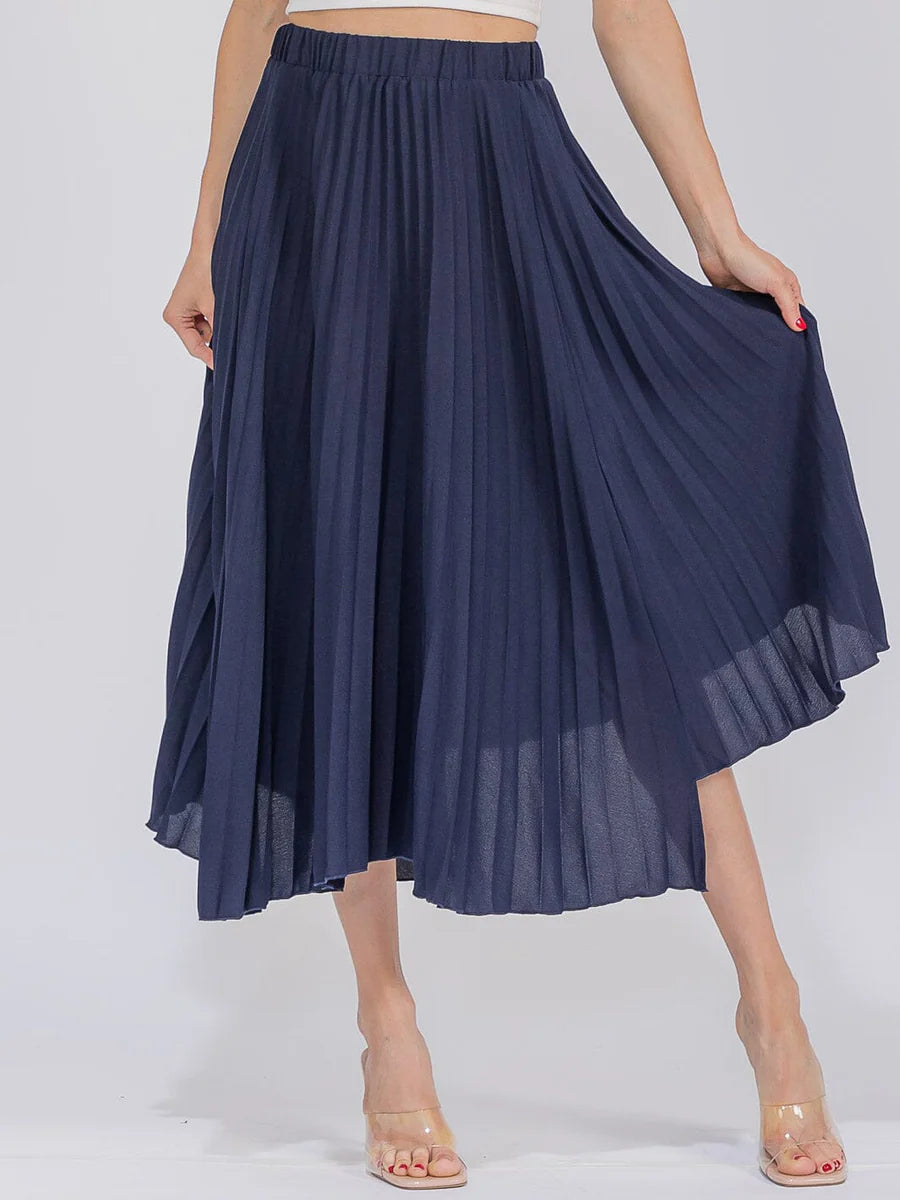 Elastic Waist Hi-Low Pleated Skirt