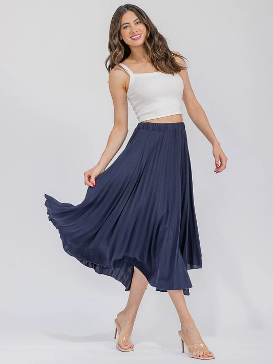 Elastic Waist Hi-Low Pleated Skirt