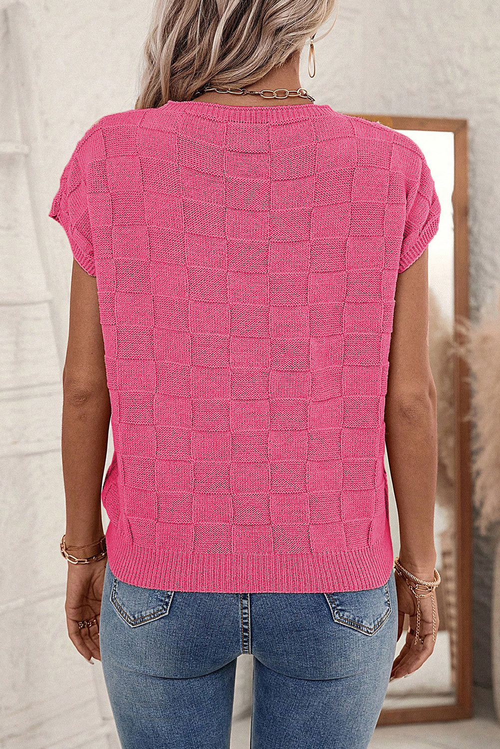 Lattice Textured Knit Short Sleeve Top
