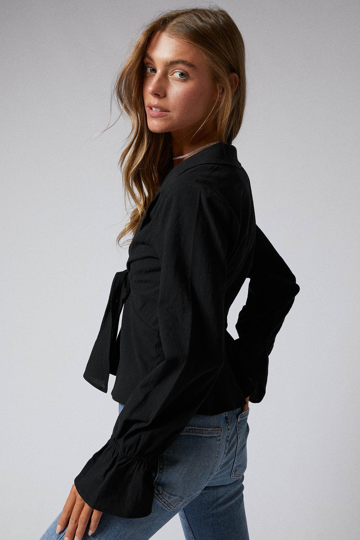 Ruffle Long Sleeves Tie Front Peplum Jacket