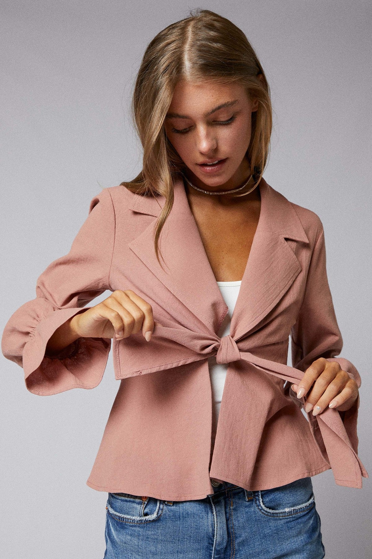 Ruffle Long Sleeves Tie Front Peplum Jacket