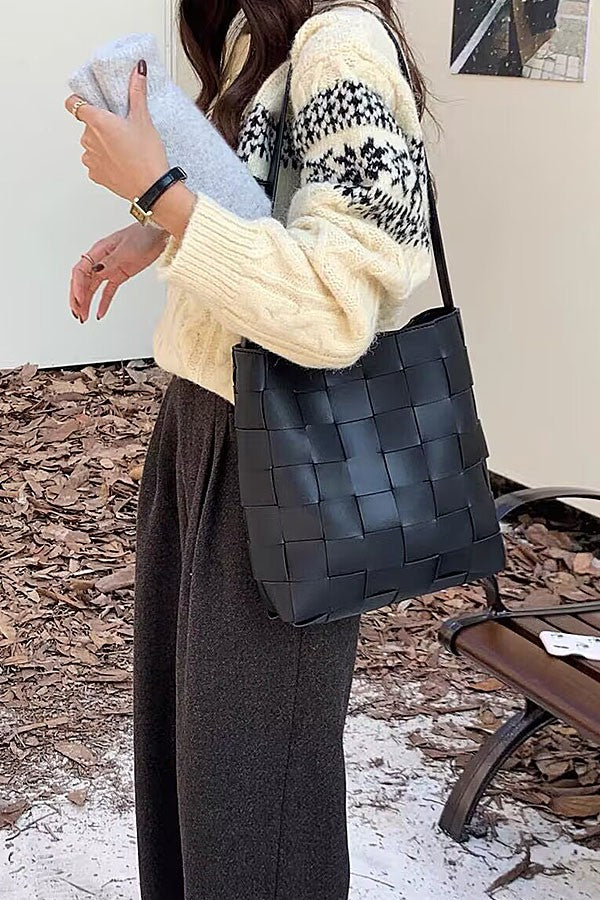 Faux Leather Woven Shoulder Bag with Pouch
