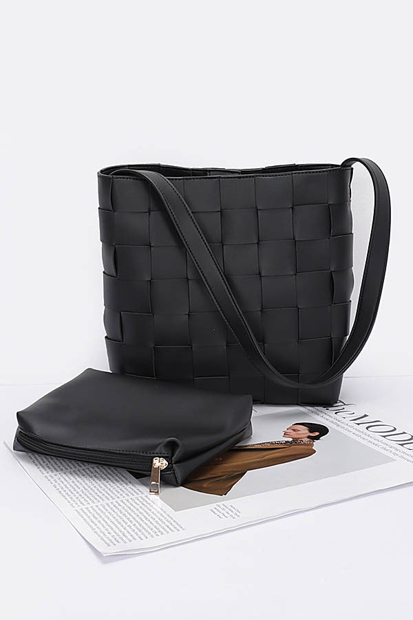 Faux Leather Woven Shoulder Bag with Pouch