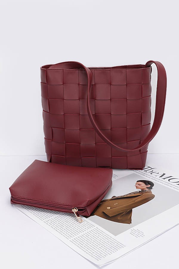 Faux Leather Woven Shoulder Bag with Pouch