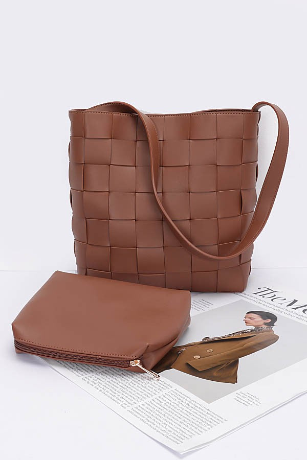 Faux Leather Woven Shoulder Bag with Pouch