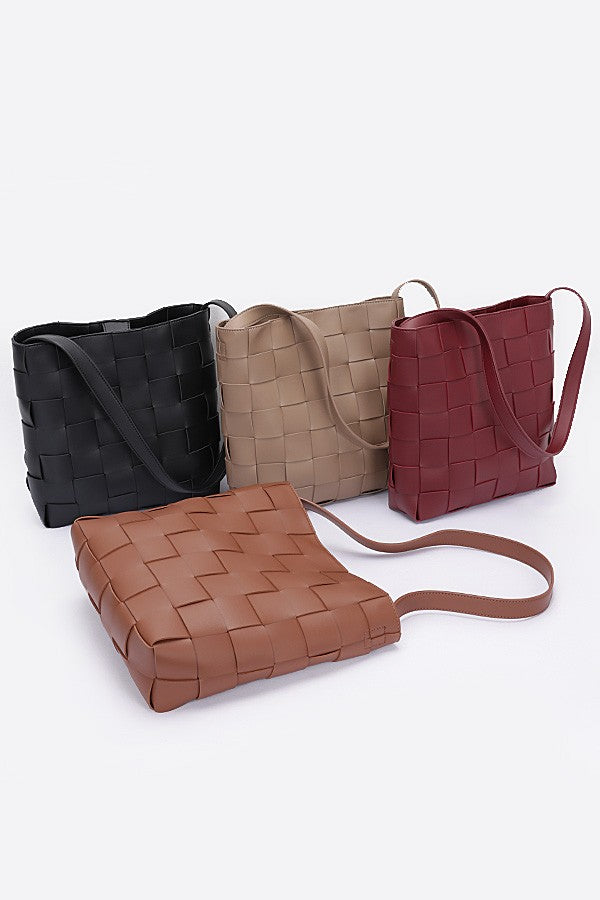 Faux Leather Woven Shoulder Bag with Pouch