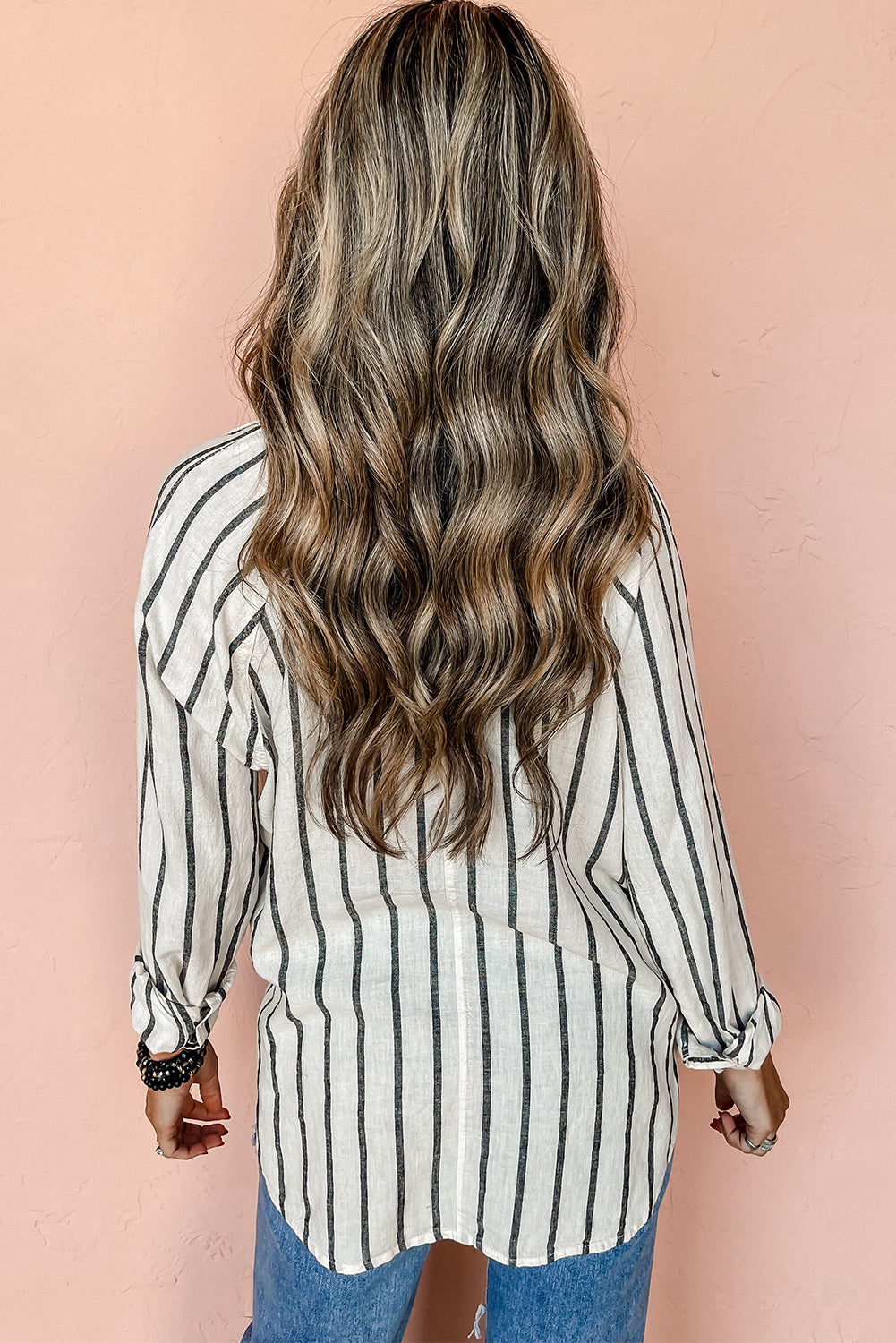 Stripe Chest Pocket Buttoned Oversized Top
