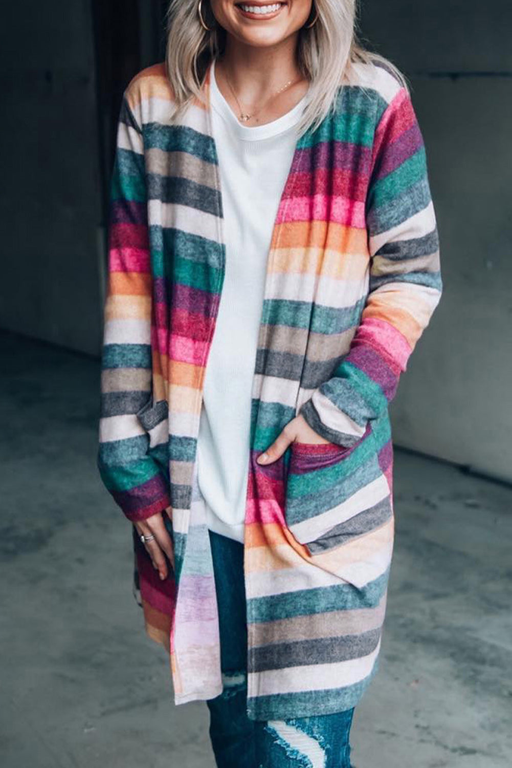 Long Sleeve Long Line Striped Cardigan