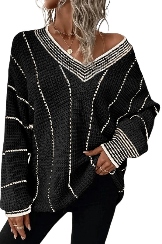 Colorblock Striped V Neck Knit Relaxed Sweater